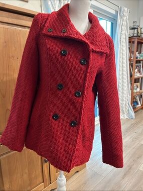 Valerie Stevens Crimson Red Double-Breasted Textured Peacoat